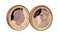 Layered in 18 carat rose gold and accented in pure 24 carat Gold Coin features Sir Winston Churchill in his military uniform, encircled with his renowned phrase, we shall fight on the beaches
