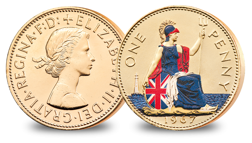 Britannia, helmeted and holding a trident, seated on a shield, with a lighthouse on the seas in the background Britannia, helmeted and holding a trident, seated on a shield, with a lighthouse on the seas in the background