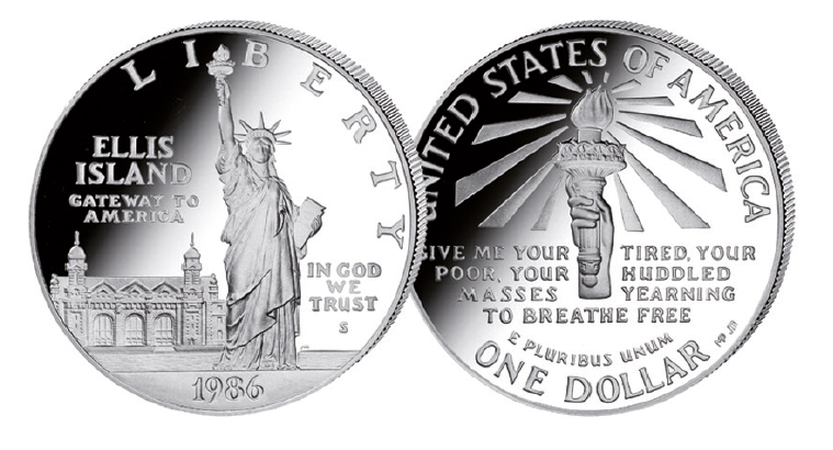 Silver coin featuring a full figure view of the Statue of Liberty in front of the main building of Ellis Island Silver coin featuring a full figure view of the Statue of Liberty in front of the main building of Ellis Island