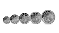 5 coin set starting from a quarter sovereign up to a quintuple sovereign. All coins feature the coat of arms encircled by a garland of roses. The letters 'E' and 'P' appear in the 9 o'clock and 3 o'clock positions respectively throughout the set.